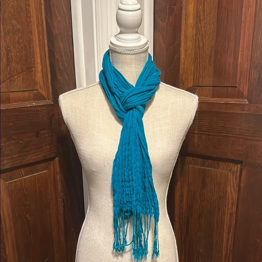 New York & Company Turquoise Lightweight Scarf with Fringe
